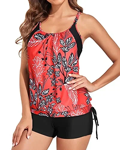 Full Coverage Tankini Swimsuit For Women Two Piece Tummy Control Bathing Suits-Red Floral