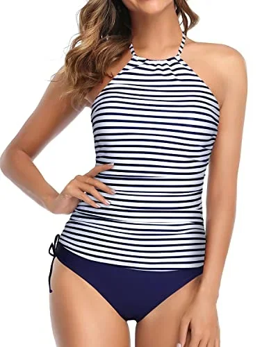 Backless Tankini Two Piece Swimsuits For Women Tummy Control-Blue White Stripe