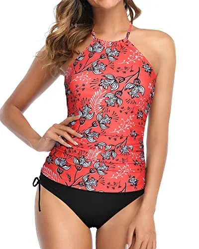 Backless Halter Tankini Two Piece Swimsuits For Women Tummy Control-Red Floral