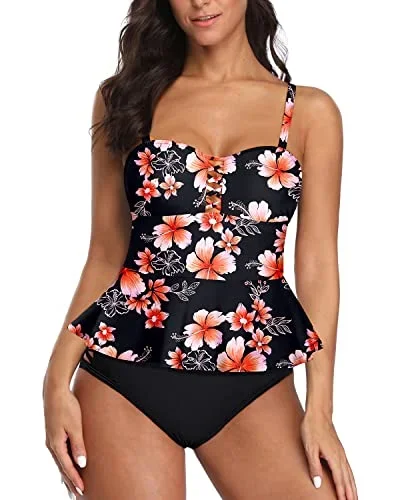 Strappy 2 Piece Peplum Tankini Swimsuits Tummy Control Bathing Suits-Pink Flower