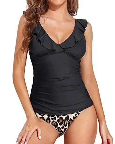 Tummy Control Ruched Two Piece Tankini Sets For Women-Black And Leopard